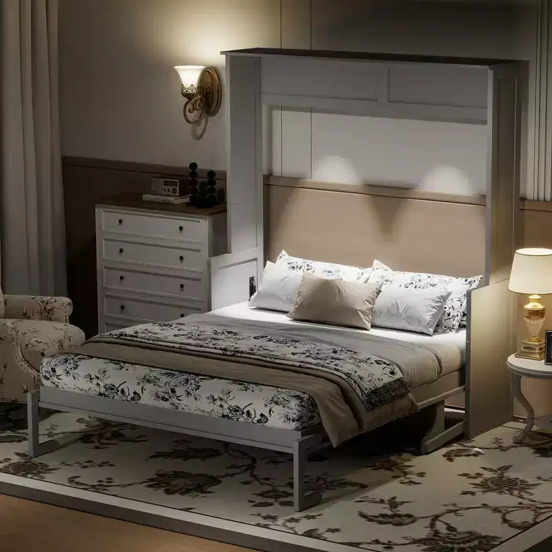 Letto a scomparsa matrimoniale con scrivania, luci LED e ricarica USB – Capacità 272 kg