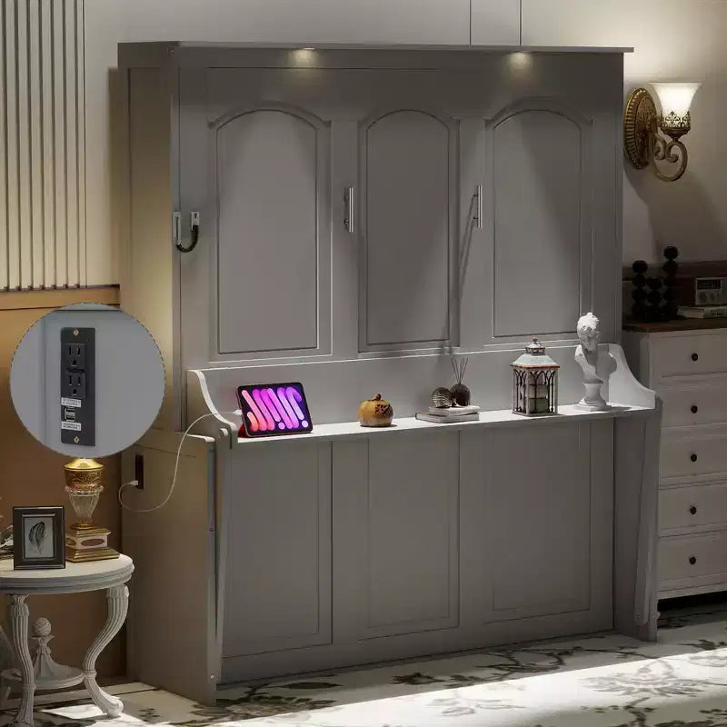 Letto a scomparsa matrimoniale con scrivania, luci LED e ricarica USB – Capacità 272 kg