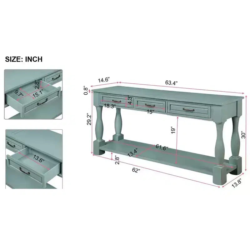 Console da 160 cm in stile Mid-Century con 3 cassetti e ripiano inferiore – Blu retrò