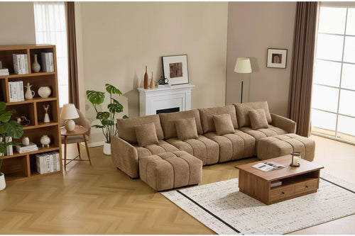 Karl Home |140 in.W Round Arm Boucle L-shaped American Tufed Sofa in Green with Ottoman