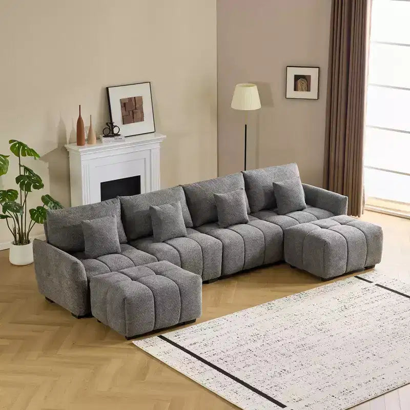Divano bouclé trapuntato a L da 355 cm con pouf – 4 posti, verde