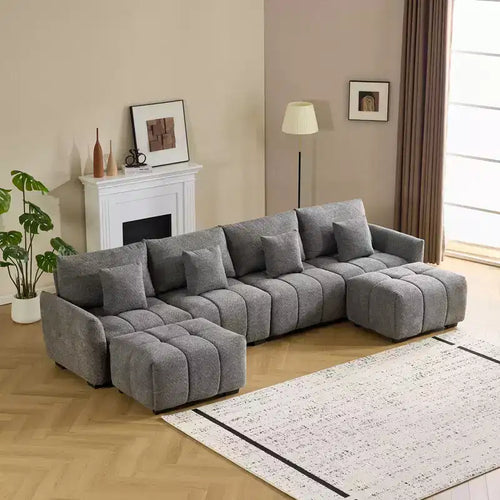 Divano bouclé trapuntato a L da 355 cm con pouf – 4 posti, verde