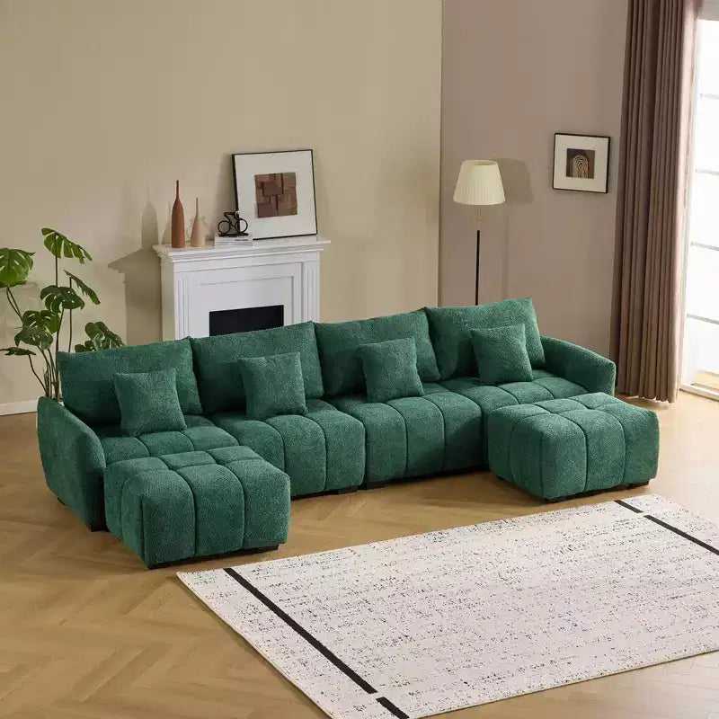 Divano bouclé trapuntato a L da 355 cm con pouf – 4 posti, verde