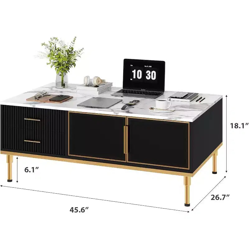 Tavolino da caffè rettangolare effetto marmo, tavolino da cocktail scanalato in legno con cassetti e gambe in metallo, tavolino moderno per soggiorno, camera da letto