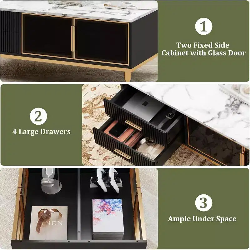 Tavolino da caffè rettangolare effetto marmo, tavolino da cocktail scanalato in legno con cassetti e gambe in metallo, tavolino moderno per soggiorno, camera da letto