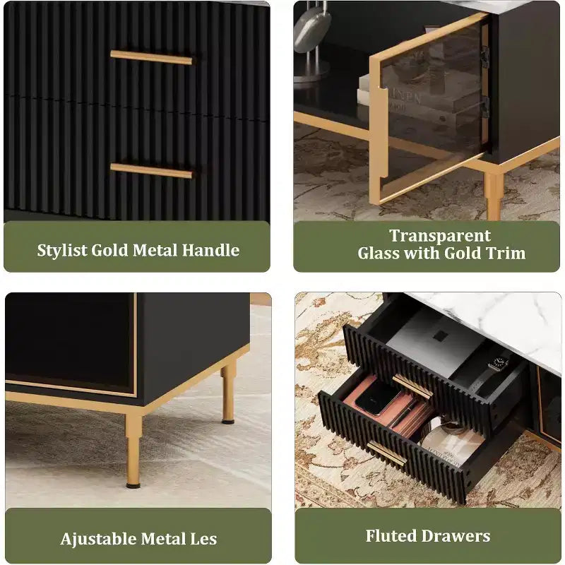 Tavolino da caffè rettangolare effetto marmo, tavolino da cocktail scanalato in legno con cassetti e gambe in metallo, tavolino moderno per soggiorno, camera da letto