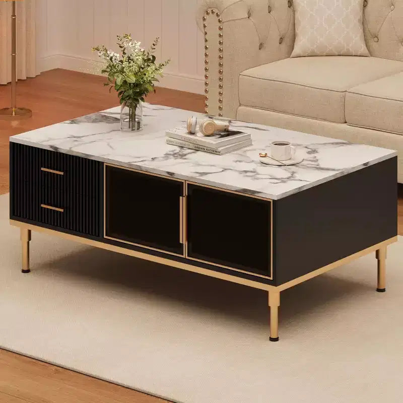 Tavolino da caffè rettangolare effetto marmo, tavolino da cocktail scanalato in legno con cassetti e gambe in metallo, tavolino moderno per soggiorno, camera da letto