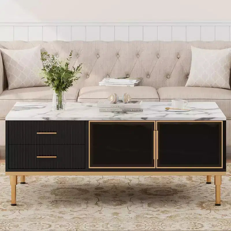 Tavolino da caffè rettangolare effetto marmo, tavolino da cocktail scanalato in legno con cassetti e gambe in metallo, tavolino moderno per soggiorno, camera da letto