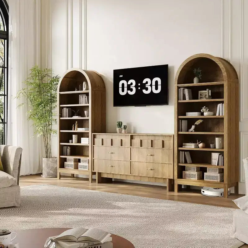 Mobile espositivo rustico ad arco a 7 ripiani, alto 180 cm, con ripiani regolabili