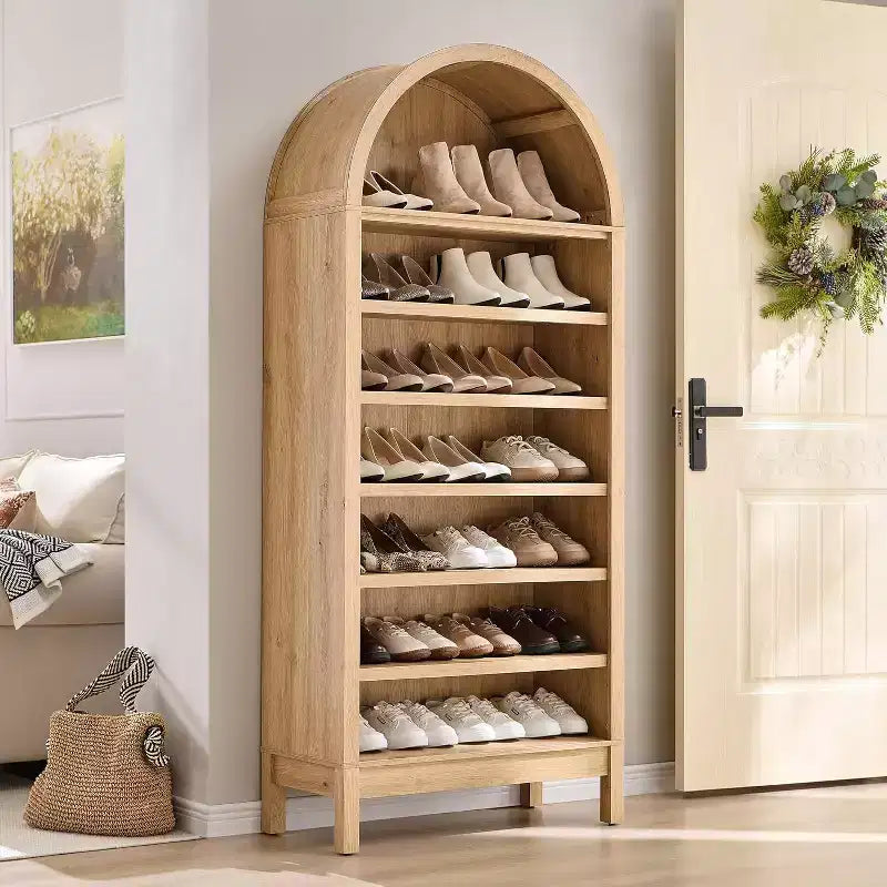 Mobile espositivo rustico ad arco a 7 ripiani, alto 180 cm, con ripiani regolabili