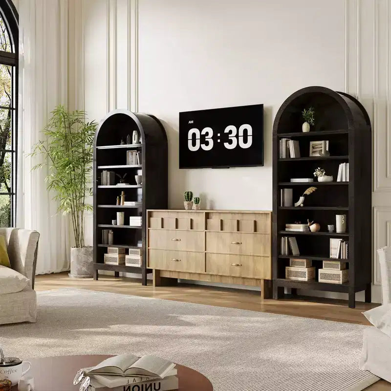 Mobile espositivo rustico ad arco a 7 ripiani, alto 180 cm, con ripiani regolabili