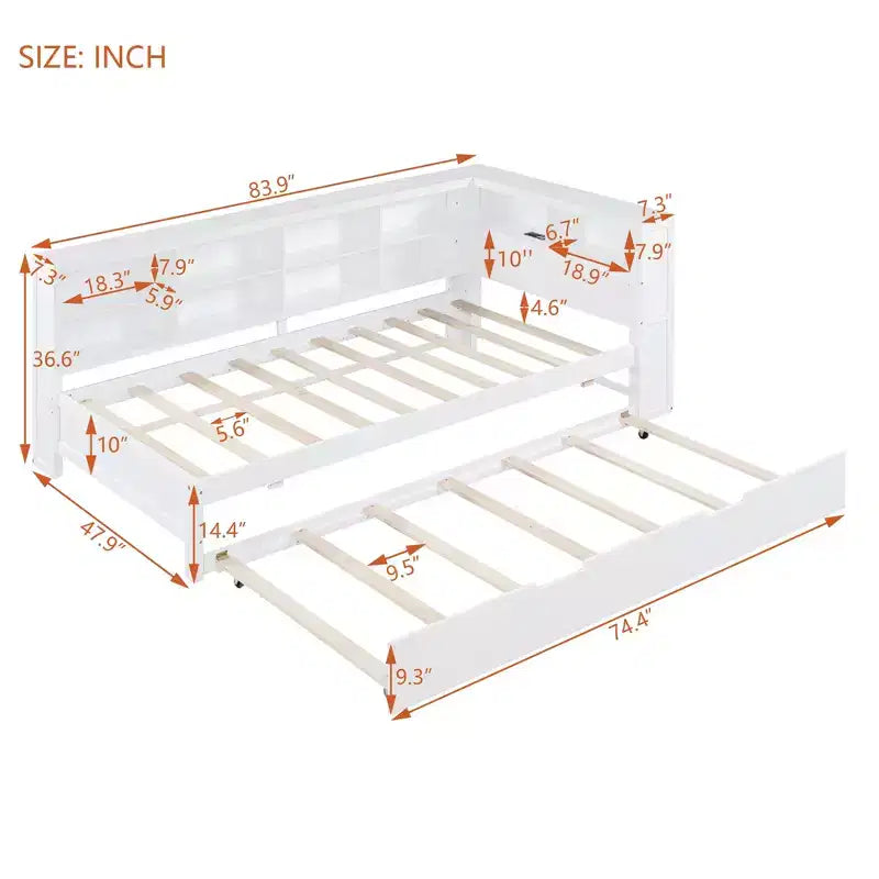 Letto a giorno in legno singolo con letto estraibile, libreria e stazione di ricarica USB