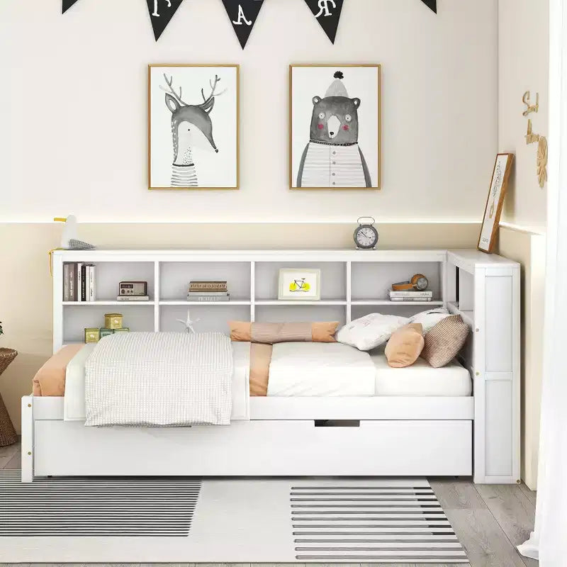 Letto a giorno in legno singolo con letto estraibile, libreria e stazione di ricarica USB
