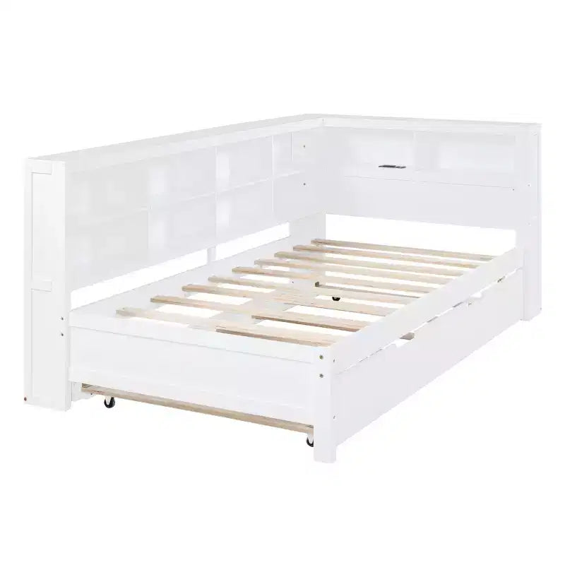 Letto a giorno in legno singolo con letto estraibile, libreria e stazione di ricarica USB