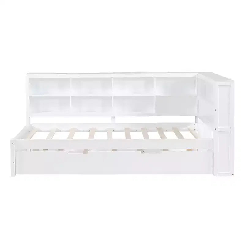 Letto a giorno in legno singolo con letto estraibile, libreria e stazione di ricarica USB