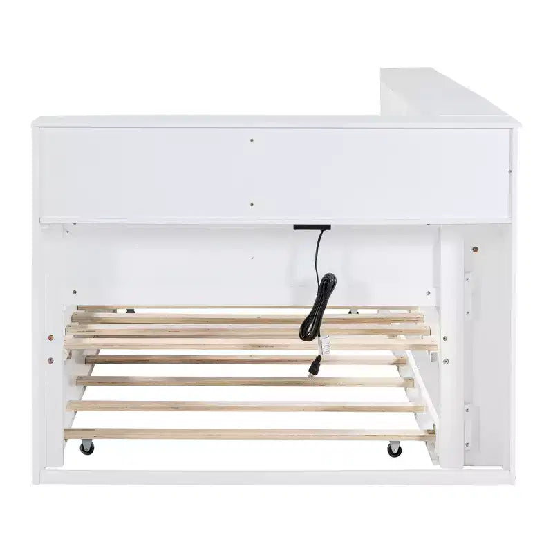 Letto a giorno in legno singolo con letto estraibile, libreria e stazione di ricarica USB