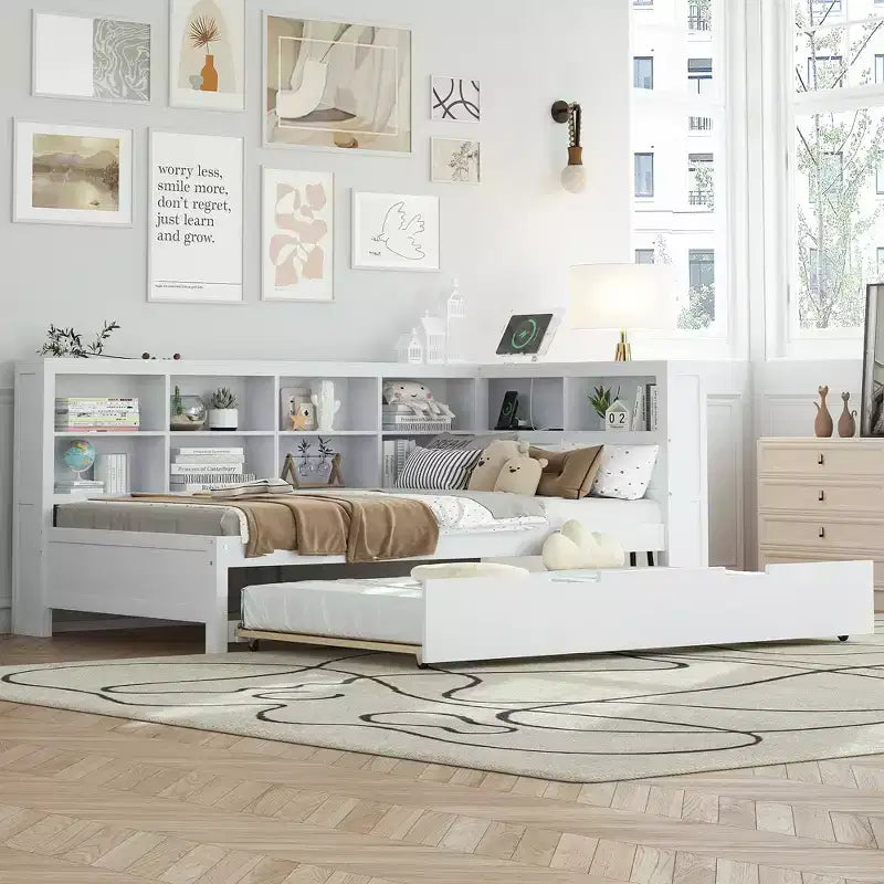 Letto a giorno in legno singolo con letto estraibile, libreria e stazione di ricarica USB