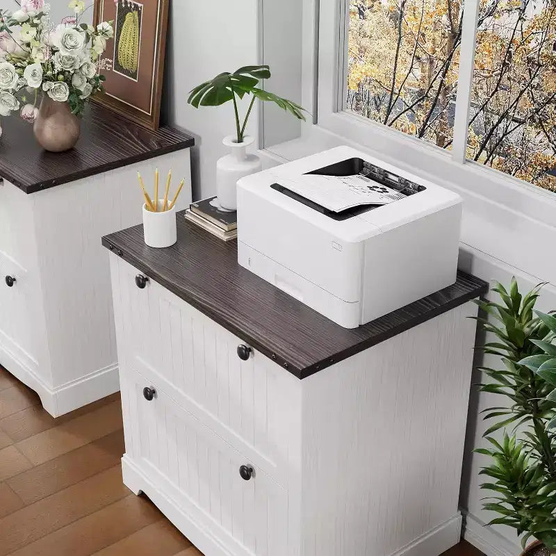 Schedario a 2 cassetti con piano stampante in stile rustico – Bianco anticato