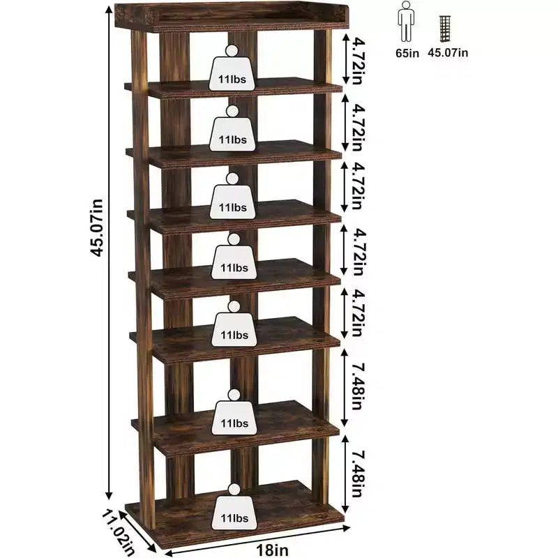 Scarpiera in legno a doppia fila a 7 livelli larga 45" – Contiene 14–20 paia, anti-ribaltamento