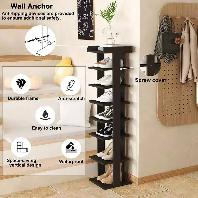 Scarpiera verticale stretta a 7 ripiani in legno da 114 cm – Contiene 10 paia, antiribaltamento