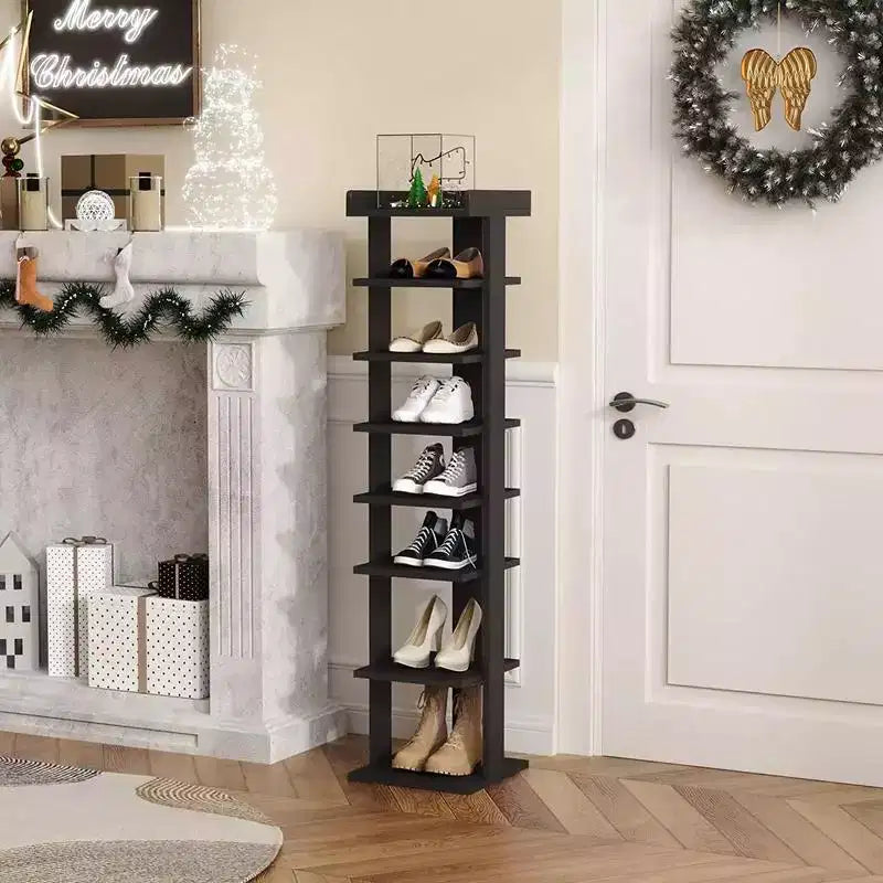 Scarpiera verticale stretta a 7 ripiani in legno da 114 cm – Contiene 10 paia, antiribaltamento