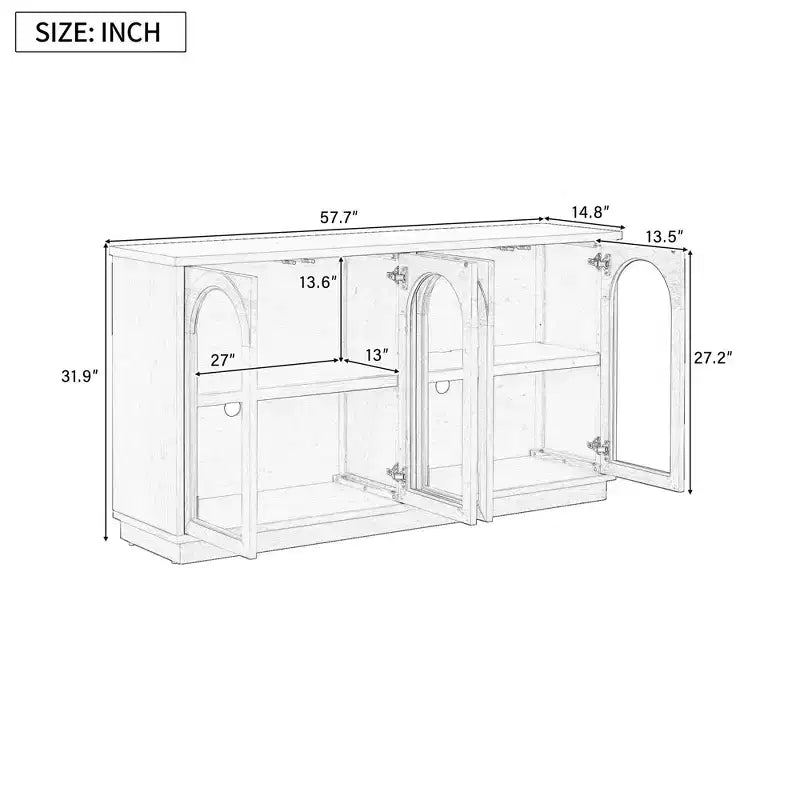 Credenza a 4 ante ad arco in vetro temperato con ripiani regolabili