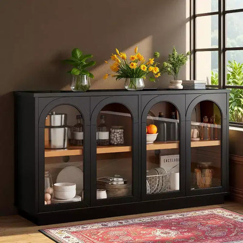 Polibi 4-Door Arched Glass Buffet Cabinet with Adjustable Shelves & Rebound Doors