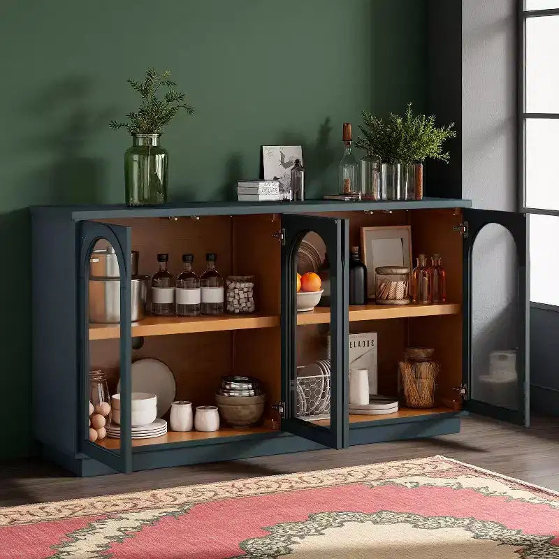 Credenza a 4 ante ad arco in vetro temperato con ripiani regolabili