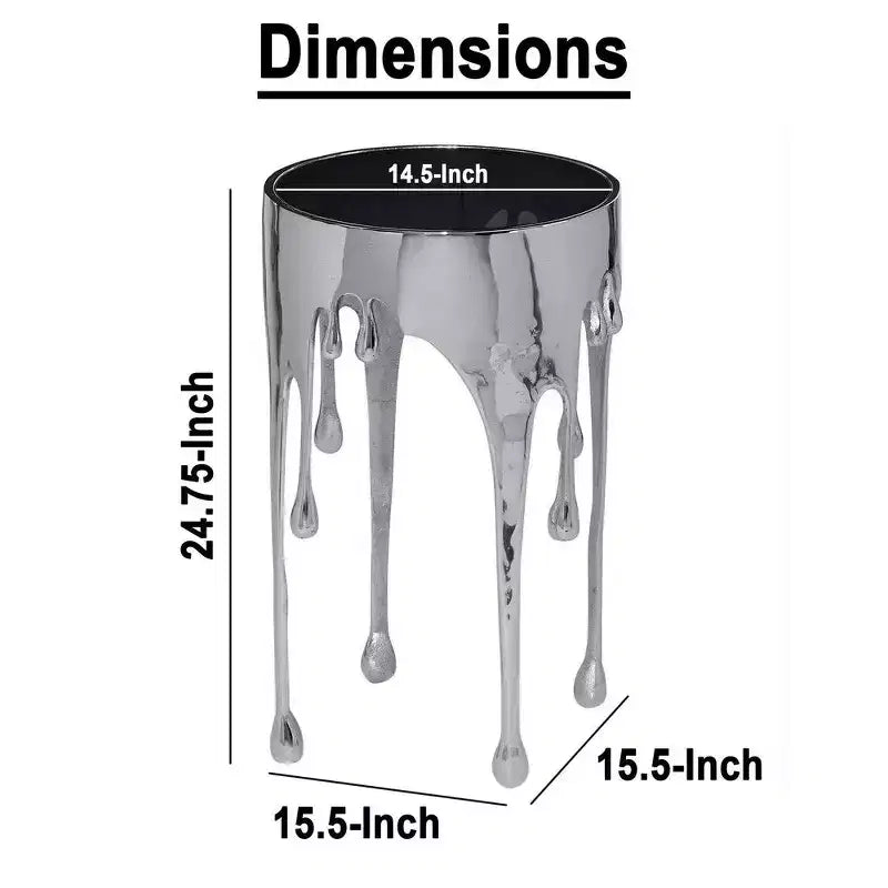 Tavolino d'appoggio laterale scultoreo color argento – Piano rotondo in vetro temperato, design a goccia