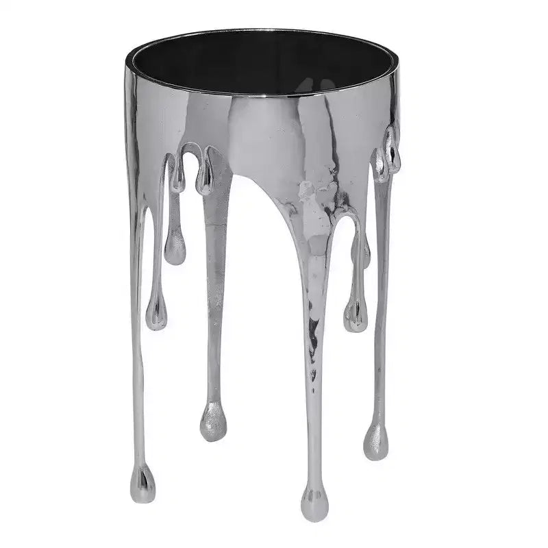 Tavolino d'appoggio laterale scultoreo color argento – Piano rotondo in vetro temperato, design a goccia