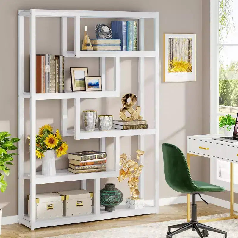 Libreria industriale sfalsata a 6 ripiani da 175 cm con struttura in acciaio – Bianca