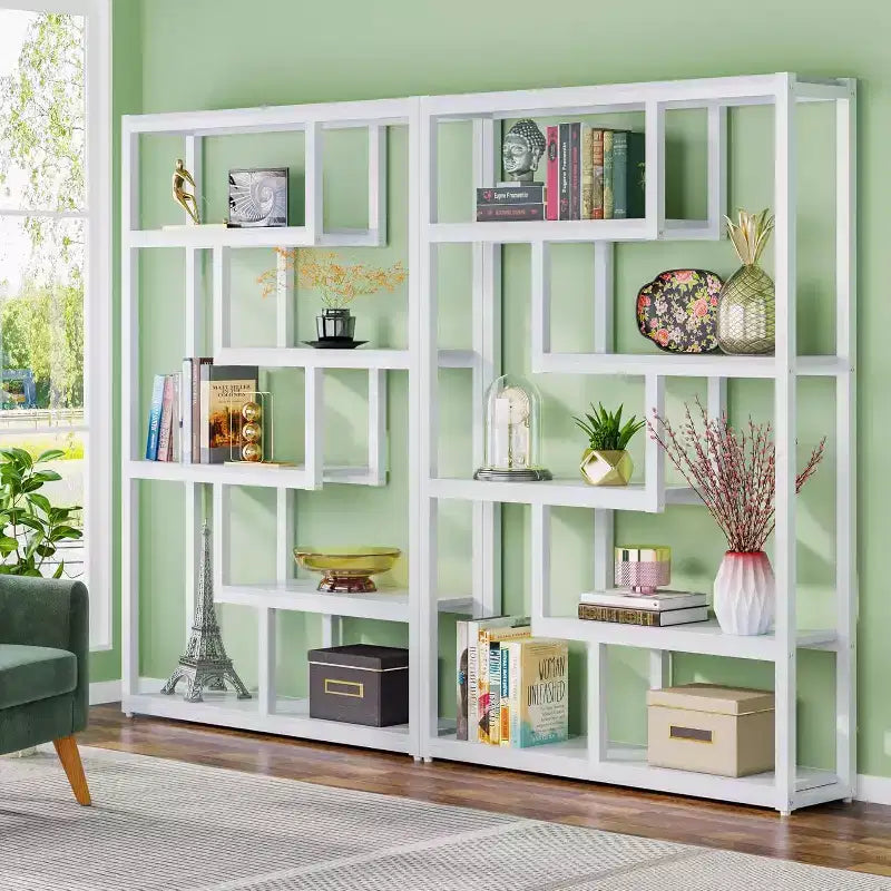 Libreria industriale sfalsata a 6 ripiani da 175 cm con struttura in acciaio – Bianca