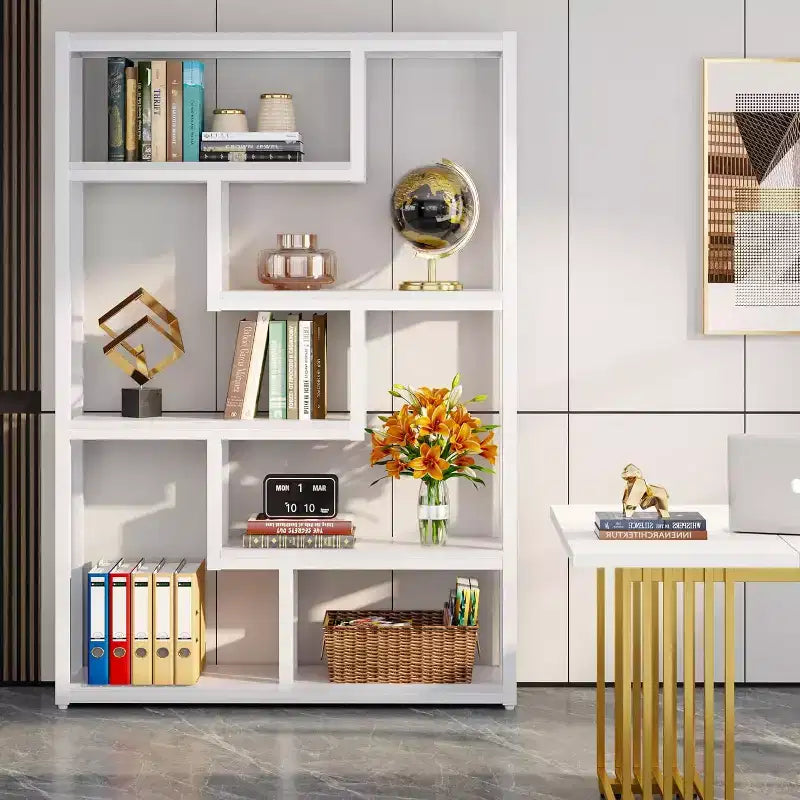 Libreria industriale sfalsata a 6 ripiani da 175 cm con struttura in acciaio – Bianca