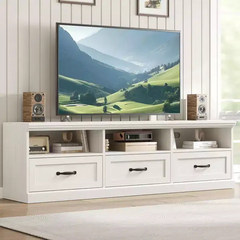 Mobile TV per TV fino a 80 pollici, Centro di intrattenimento con cassetto portaoggetti e ripiani aperti, Consolle TV per soggiorno e camera da letto