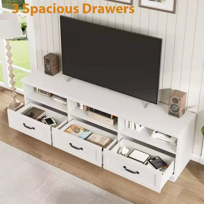 Mobile TV per TV fino a 80 pollici, Centro di intrattenimento con cassetto portaoggetti e ripiani aperti, Consolle TV per soggiorno e camera da letto