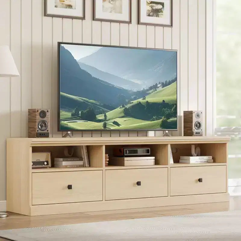 Mobile TV per TV fino a 80 pollici, Centro di intrattenimento con cassetto portaoggetti e ripiani aperti, Consolle TV per soggiorno e camera da letto