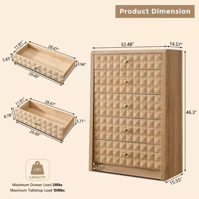 Cassettiera a 5 cassetti con pannello diamantato e maniglie in metallo – 3 opzioni di colore