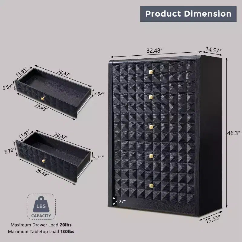 Cassettiera a 5 cassetti con pannello diamantato e maniglie in metallo – 3 opzioni di colore
