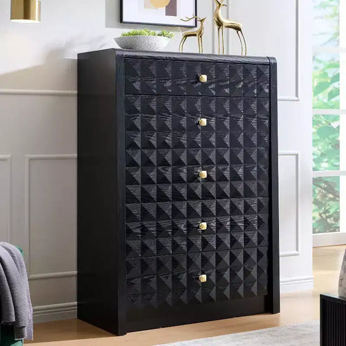 SinCiDo 5 Drawer Dressers for Bedroom, Wood Tall Closet Chest of Drawers with Diamond Panel Decorate, Mid Century Modern Storage Organizer