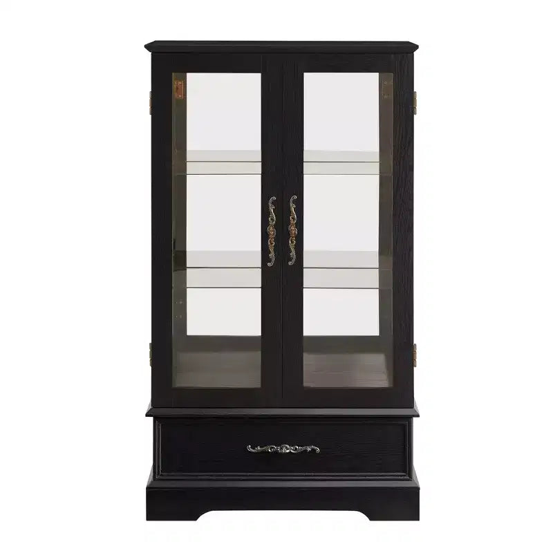 Vetrina espositiva illuminata in vetro con schienale a specchio e cassetto