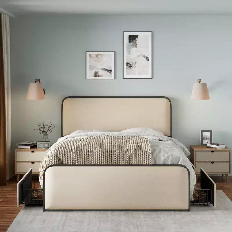 Letto matrimoniale in metallo con testiera imbottita e 4 cassetti contenitore