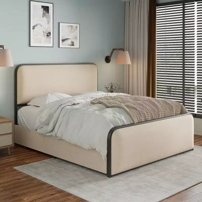 Letto matrimoniale in metallo con testiera imbottita e 4 cassetti contenitore