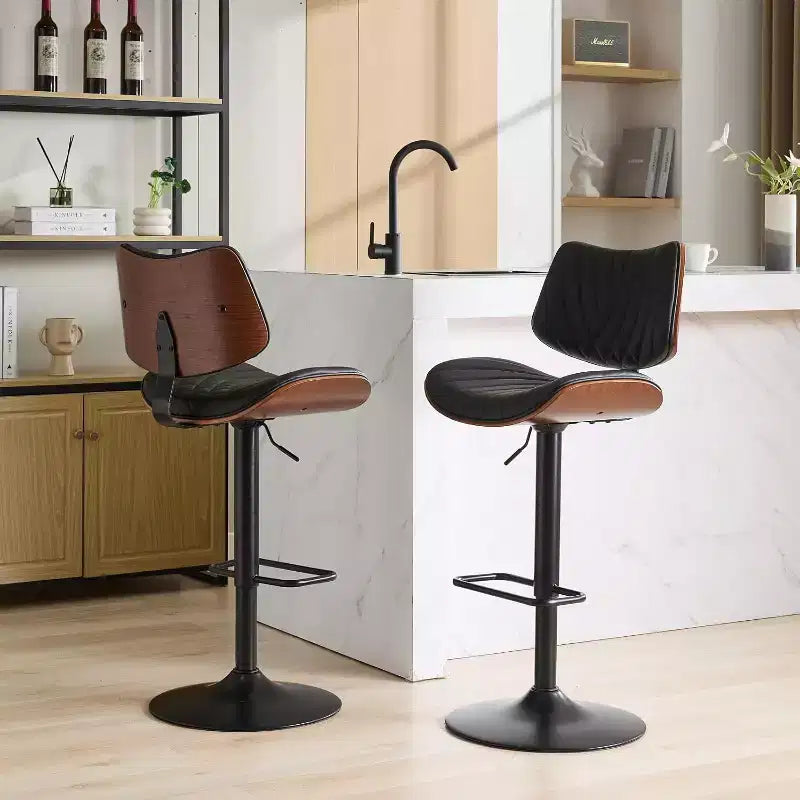 Sgabello da Bar Moderno Girevole con Altezza Regolabile, Legno Curvato in Noce e Ecopelle, Rotazione a 360°, Schienale Ergonomico, Base Stabile per Cucina e Home Bar