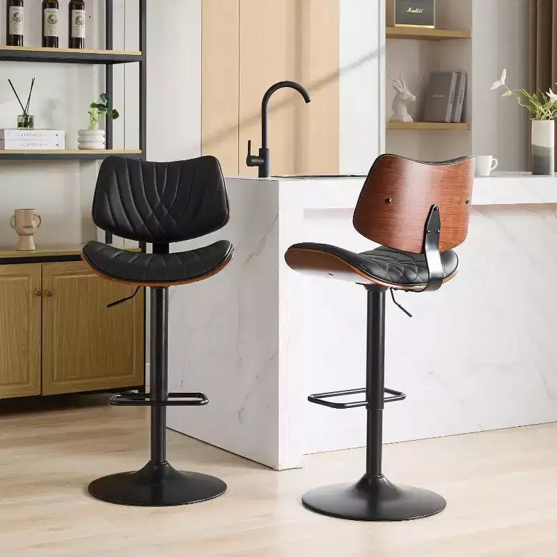 Sgabello da Bar Moderno Girevole con Altezza Regolabile, Legno Curvato in Noce e Ecopelle, Rotazione a 360°, Schienale Ergonomico, Base Stabile per Cucina e Home Bar