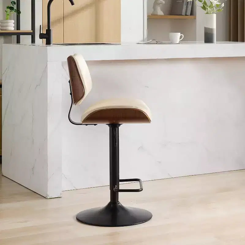 Sgabello da Bar Moderno Girevole con Altezza Regolabile, Legno Curvato in Noce e Ecopelle, Rotazione a 360°, Schienale Ergonomico, Base Stabile per Cucina e Home Bar