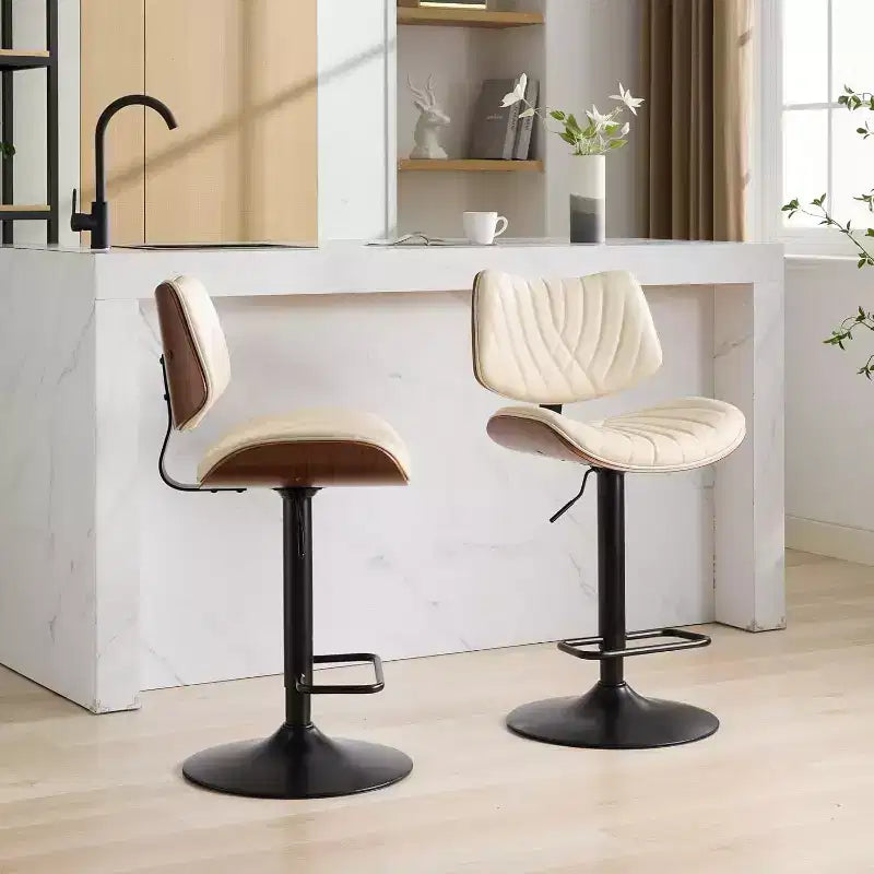 Sgabello da Bar Moderno Girevole con Altezza Regolabile, Legno Curvato in Noce e Ecopelle, Rotazione a 360°, Schienale Ergonomico, Base Stabile per Cucina e Home Bar