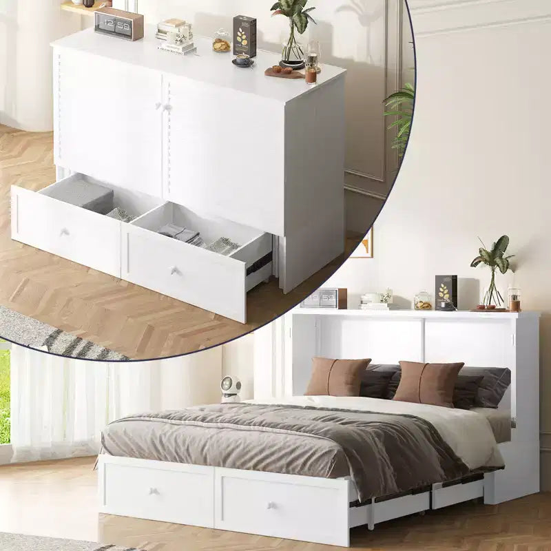 Letto a Scomparsa Queen Size con Mobile Contenitore, Stazione di Ricarica e Materasso