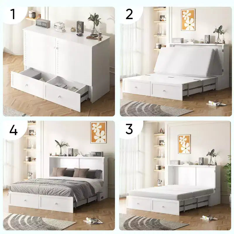 Letto a Scomparsa Queen Size con Mobile Contenitore, Stazione di Ricarica e Materasso