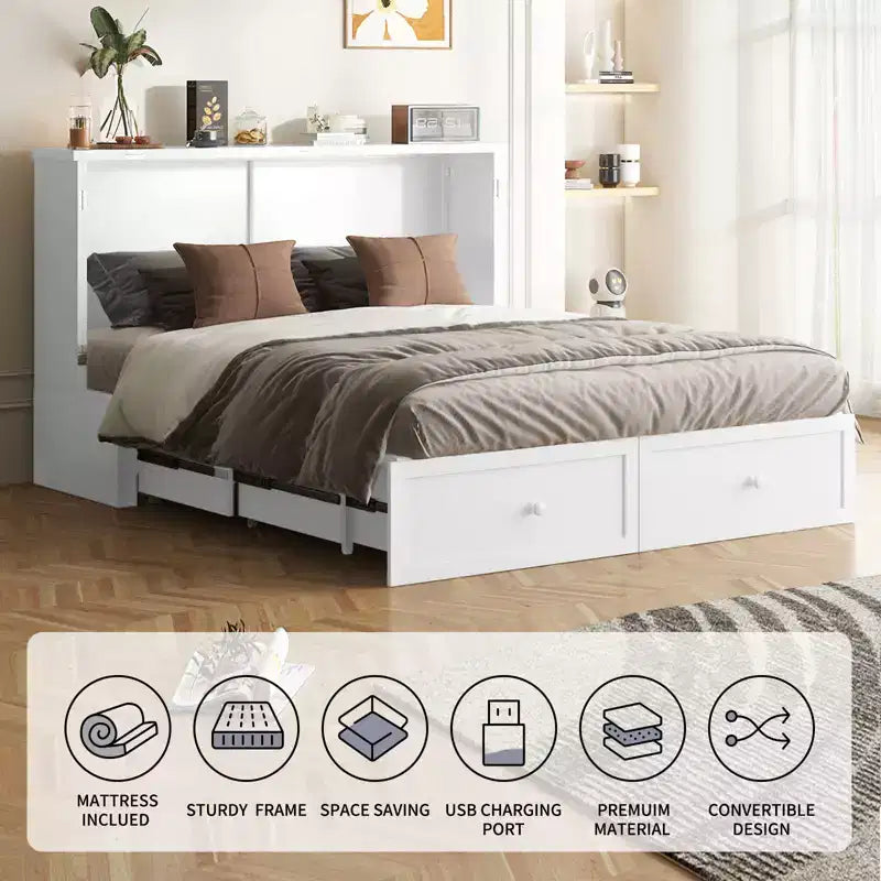 Letto a Scomparsa Queen Size con Mobile Contenitore, Stazione di Ricarica e Materasso