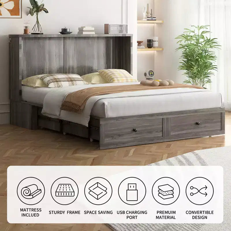 Letto a Scomparsa Queen Size con Mobile Contenitore, Stazione di Ricarica e Materasso
